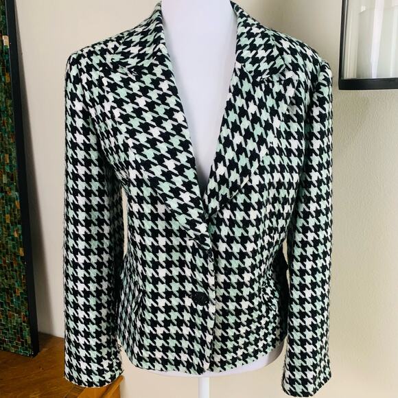 Vintage Size 14P Houndstooth Blazer Jacket Black Off White Mint Green Career - Picture 2 of 12